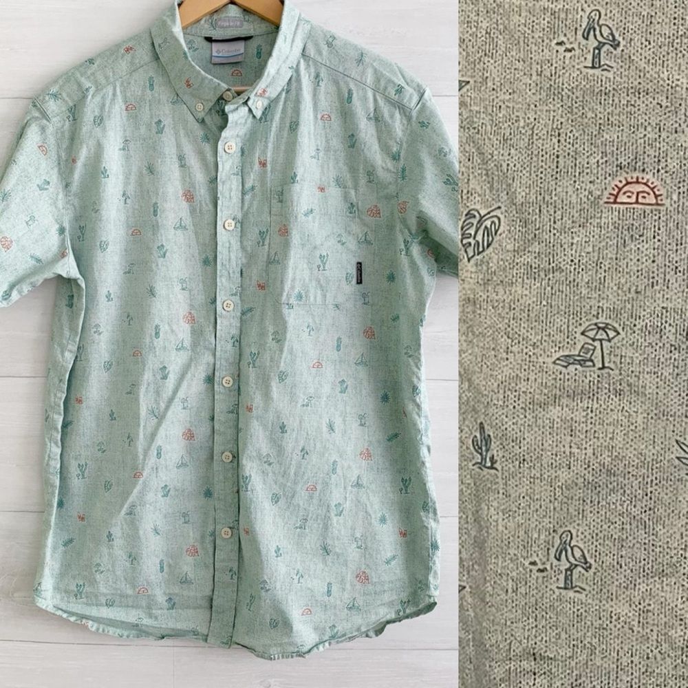Columbia Short Sleeve green tropical print summer casual button down shirt XL